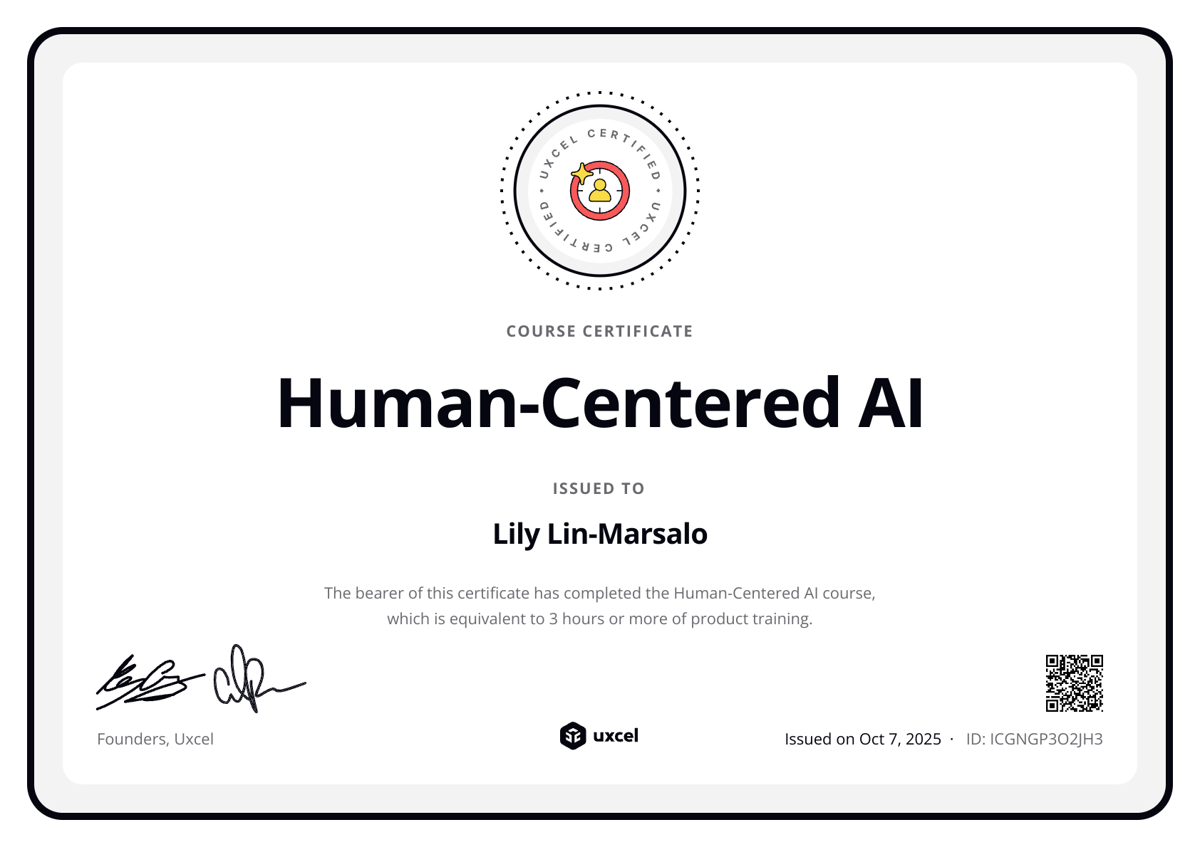 Lily Lin-Marsalo's certificate